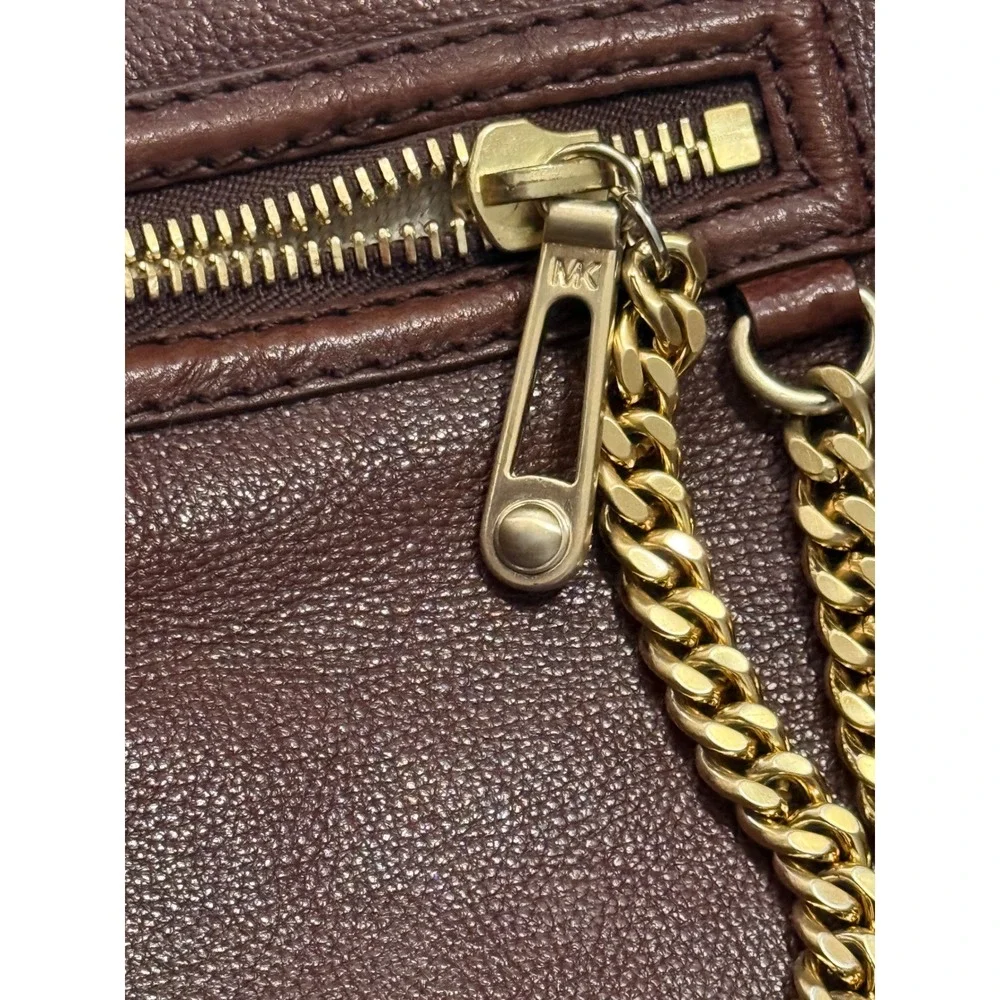 Michael Kors Brown‎ Pebbled Leather Tote Bag Gold Chain Accent Shoulder Bag